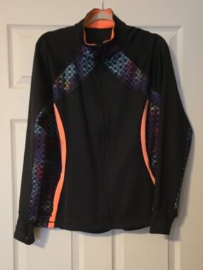 Fila Sport Jacket Women's XL Full-zip Black Neon Coral Trim Multicolor Pattern